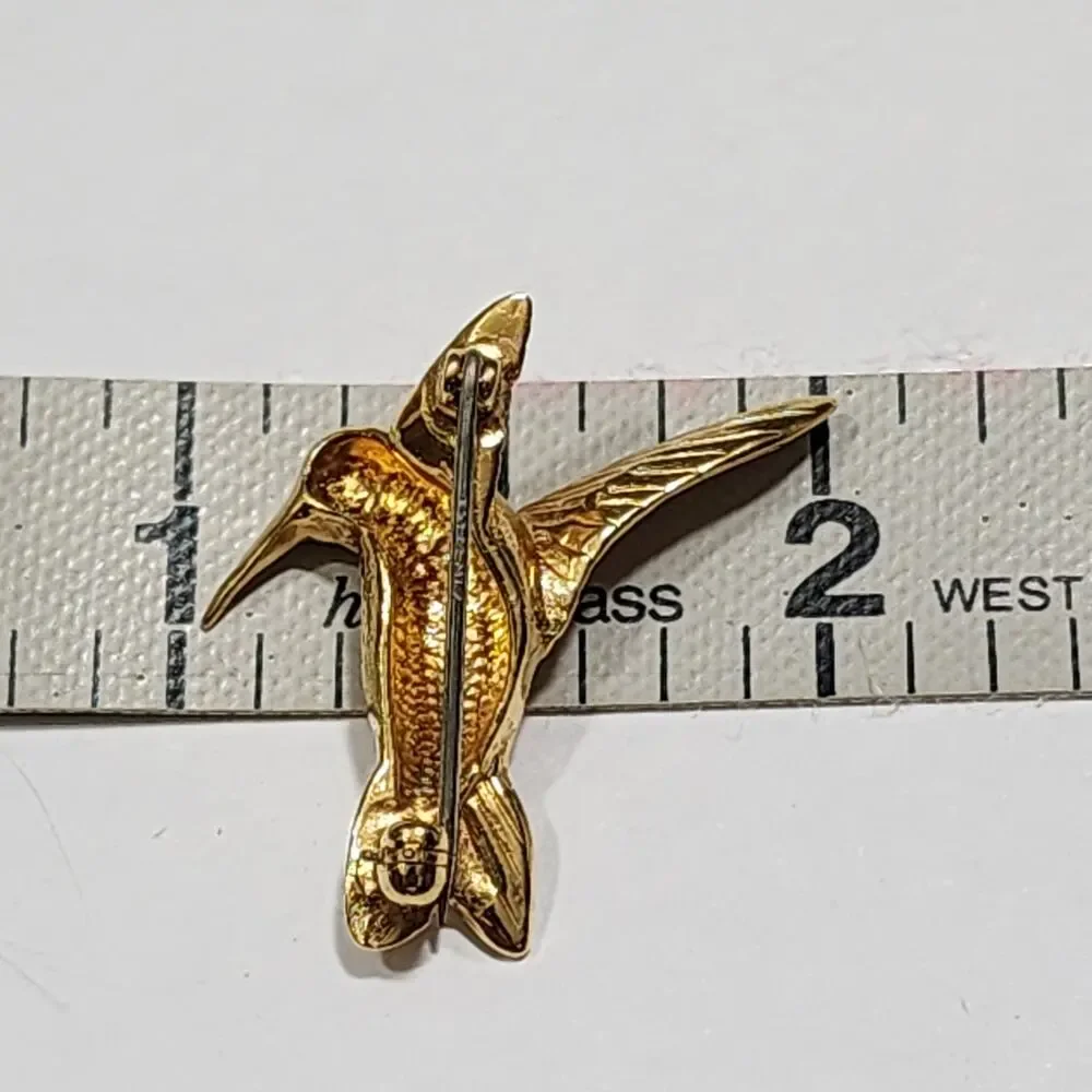 Hummingbird In Flight Blue Rhinestone Eye Brooch Gold Tone Krementz Vintage
